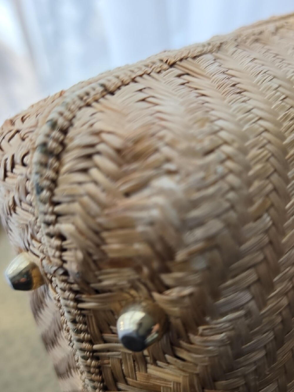 Woven Vintage Straw Tote with Brown Leather Handles 10" Long, 9" Tall - Picture 6 of 10